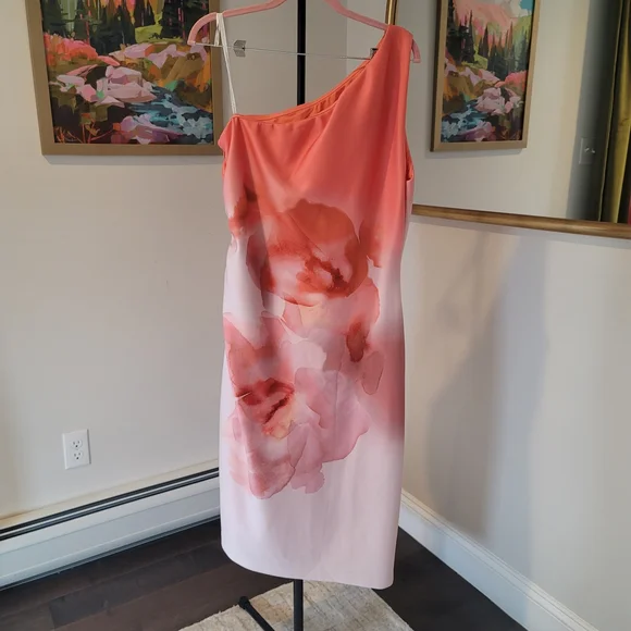 NWT DONNA KARAN Floral One Shoulder Sheat Dress Neoprene Size 14 - Picture 4 of 11